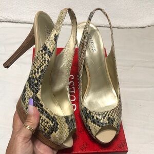 Guess by Marciano Snake-Print Peep Toe Slingback Heels in Cream, Black and Brown